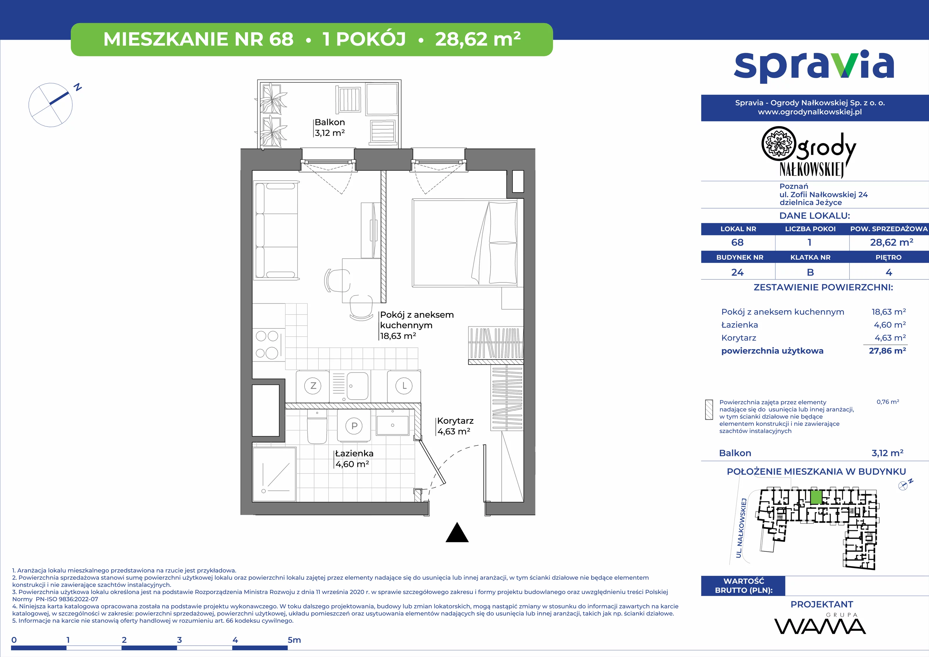 1 pokój, mieszkanie 28,62 m², piętro 4, oferta nr 24-68, Ogrody Nałkowskiej, Poznań, Ogrody, ul. Nałkowskiej 24, 26